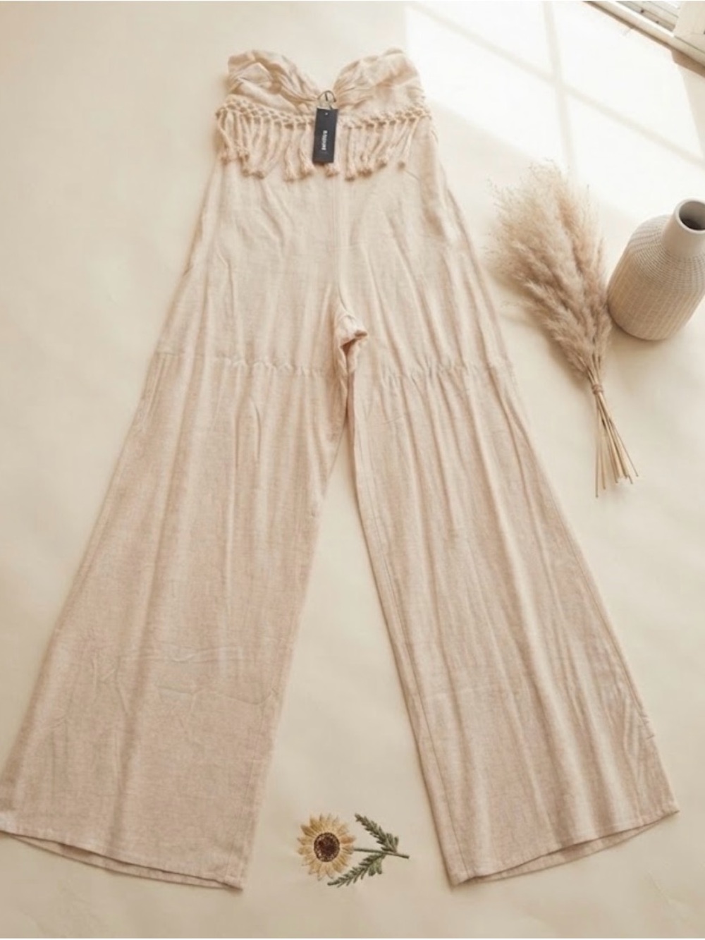 Natural Beige Strapless Fringe Linen-Blend Crop Top